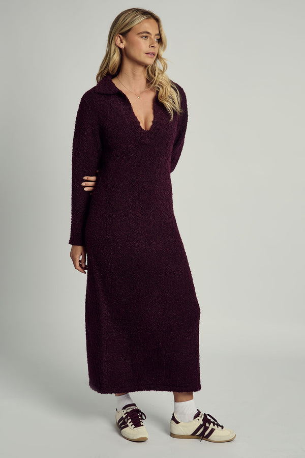 Native Youth HARLEY SOFT PUFF KNITTED POLO DRESS IN BURGUNDY