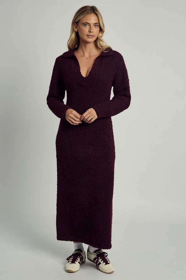 native youth HARLEY SOFT PUFF KNITTED POLO DRESS IN BURGUNDY