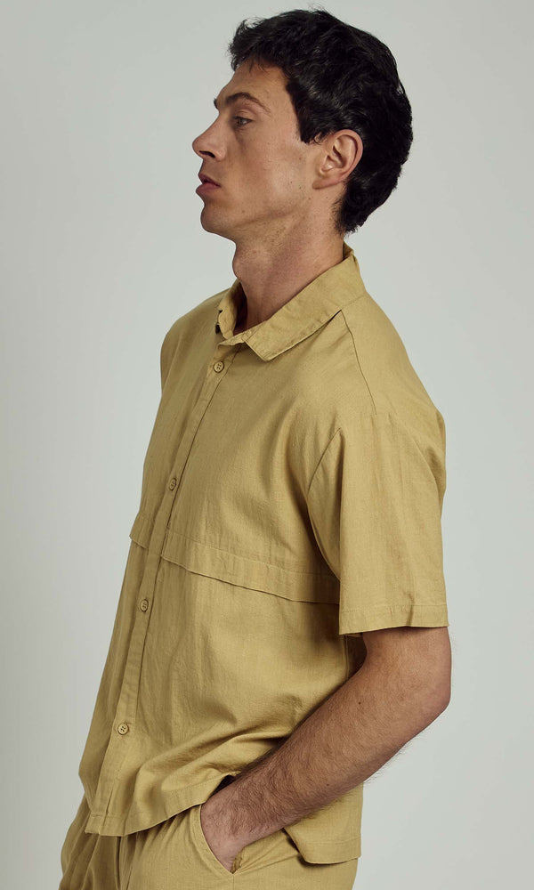 Native Youth HERNAN BOXY LINEN SHIRT IN WASHED KHAKI
