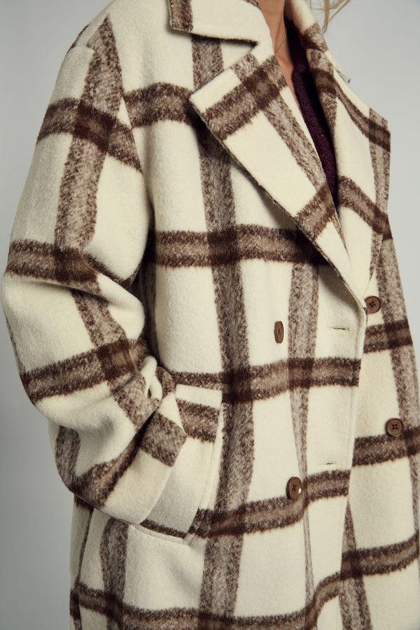 Native Youth JOSIE TEDDY GINGHAM LONGLINE OVERCOAT IN BREAM CHECK