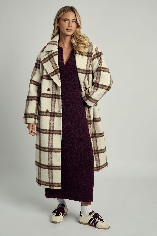 Native Youth JOSIE TEDDY GINGHAM LONGLINE OVERCOAT IN BREAM CHECK