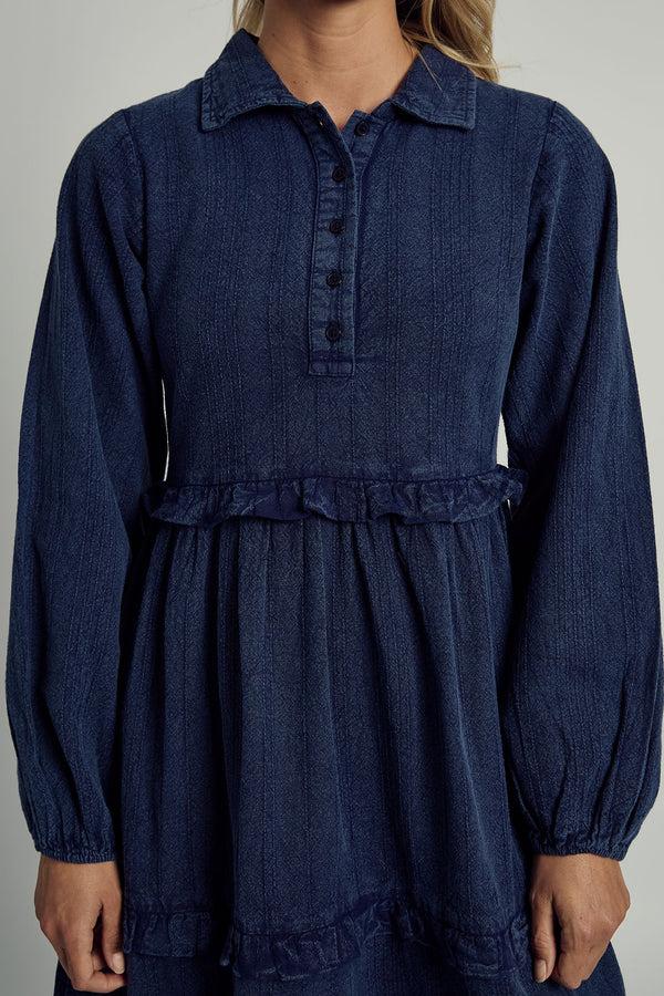 Native Youth KIA TEXTURED STRIPE WASHED RUFFLE MIDAXI DRESS IN NAVY