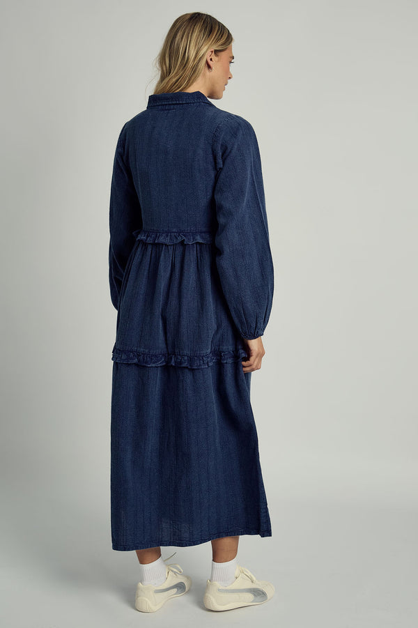 Native Youth KIA TEXTURED STRIPE WASHED RUFFLE MIDAXI DRESS IN NAVY