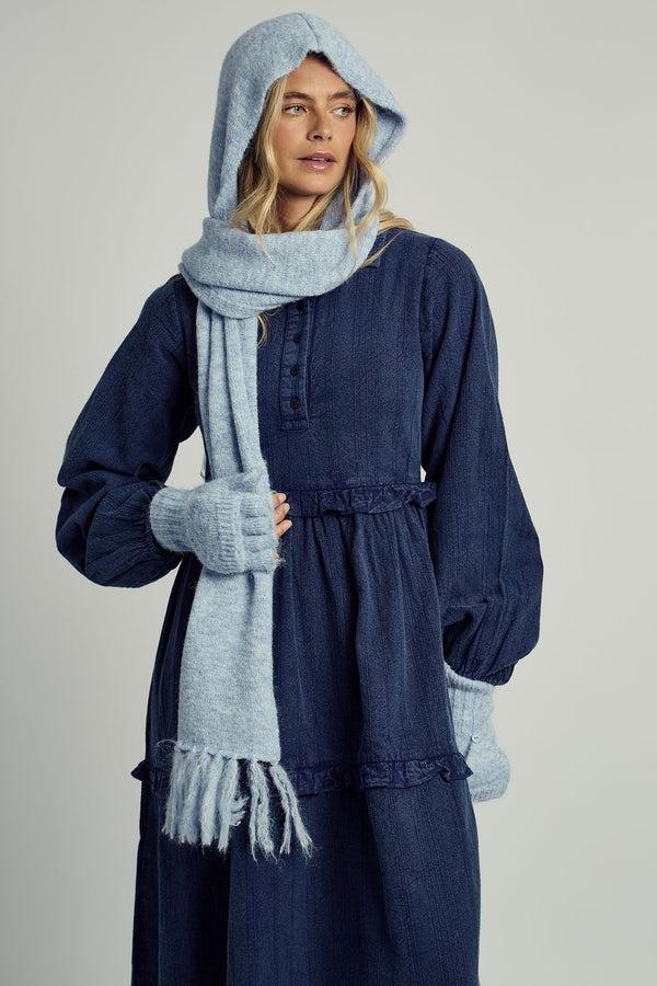 Native Youth KIA TEXTURED STRIPE WASHED RUFFLE MIDAXI DRESS IN NAVY