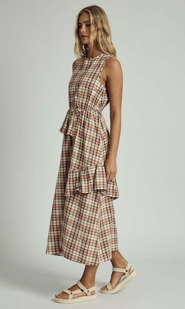 Native Youth LEONA RUFFLE CHECK MIDI DRESS IN MULTI