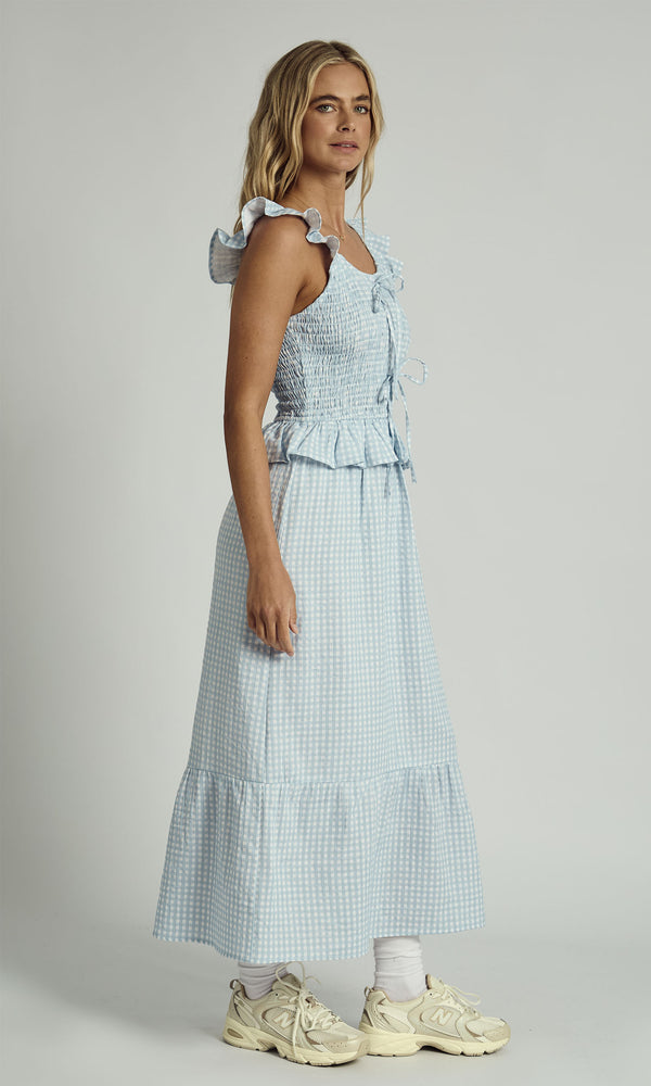 Native Youth MABEL GINGHAM RUFFLE CHECK MIDI DRESS IN LIGHT BLUE