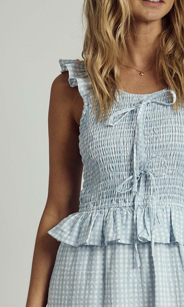 Native Youth MABEL GINGHAM RUFFLE CHECK MIDI DRESS IN LIGHT BLUE