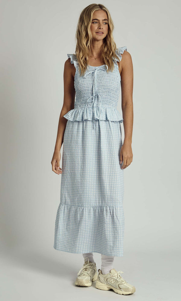 native youth MABEL GINGHAM RUFFLE CHECK MIDI DRESS IN LIGHT BLUE