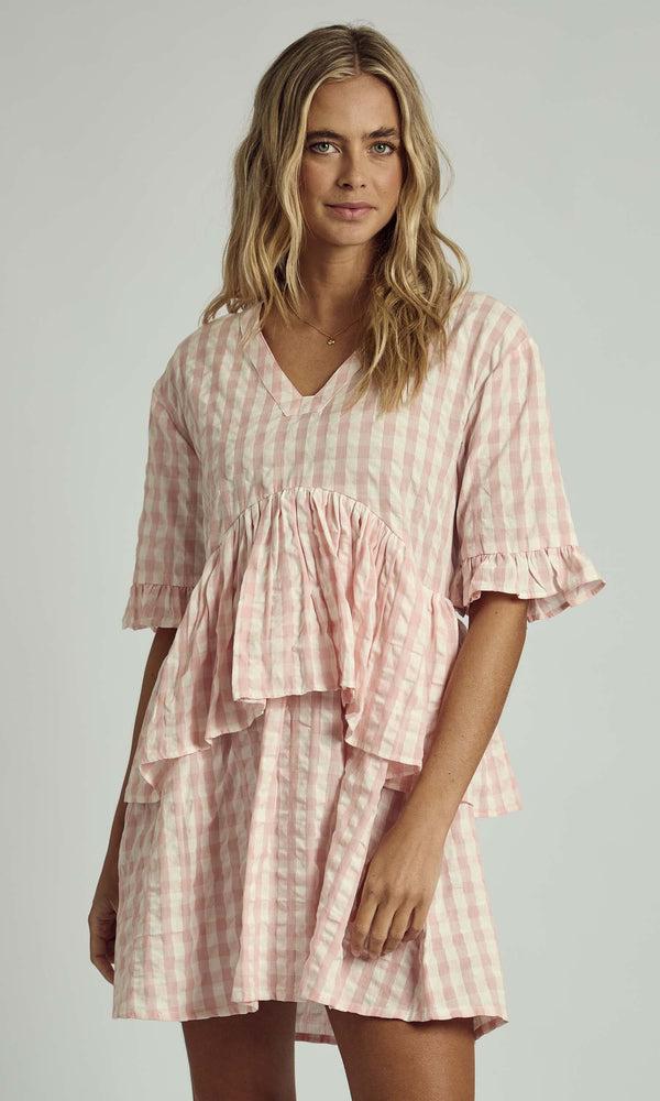 Native Youth BONNIE CHECK RUFFLE TIERED MINI DRESS