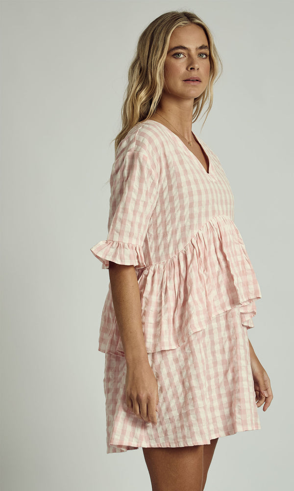 Native Youth BONNIE CHECK RUFFLE TIERED MINI DRESS