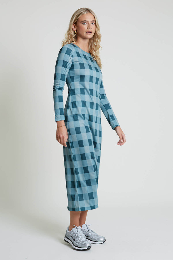 Native Youth ELENI CHECK OPEN BACK MIDAXI DRESS