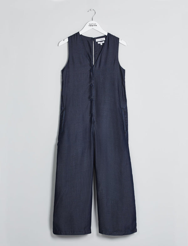 Native Youth Indigo Convex Button Down Jumpsuit