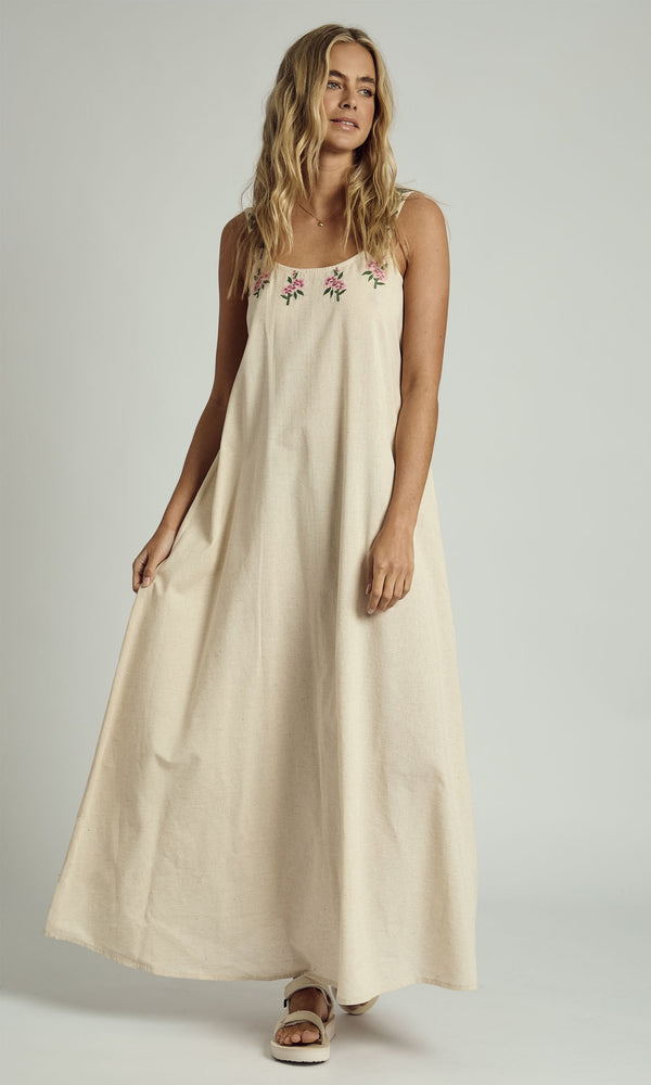 Native Youth NIA EMBROIDERED EDGE LINEN MAXI DRESS IN STONE
