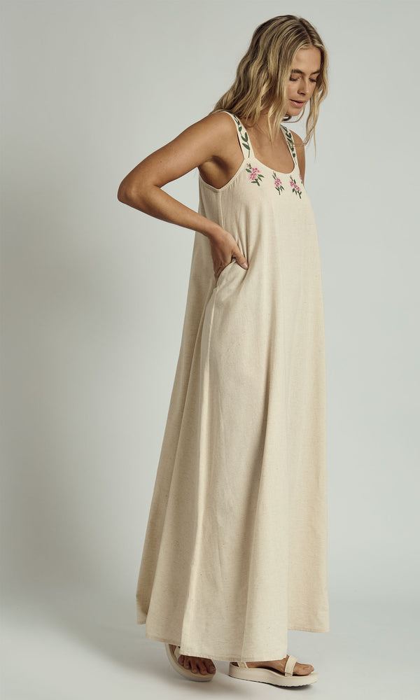Native Youth NIA EMBROIDERED EDGE LINEN MAXI DRESS IN STONE