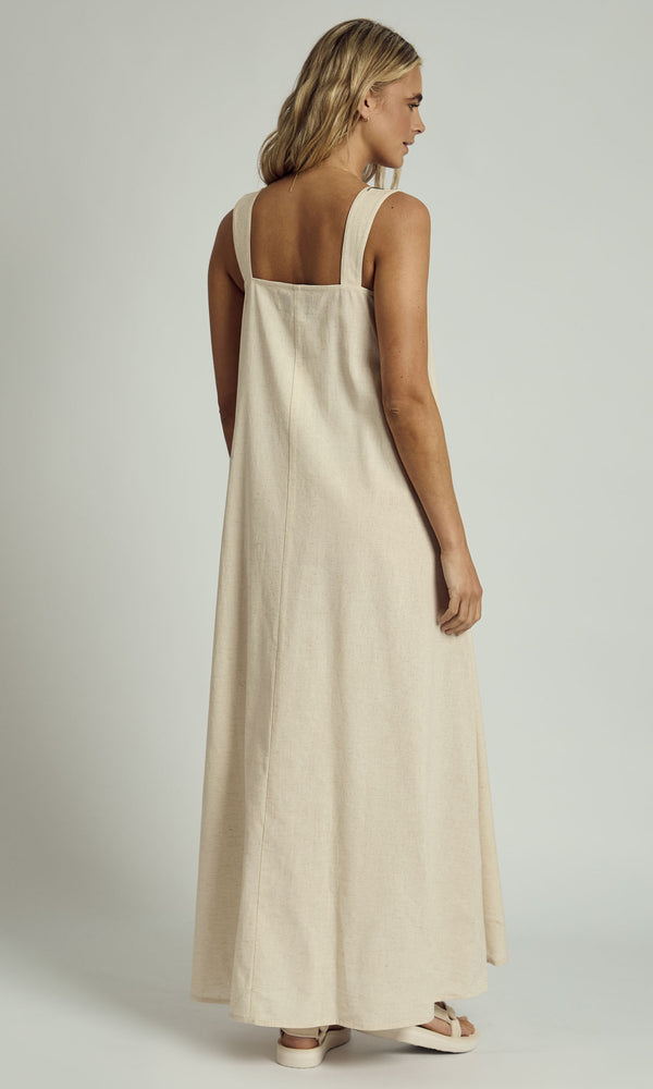 Native Youth NIA EMBROIDERED EDGE LINEN MAXI DRESS IN STONE