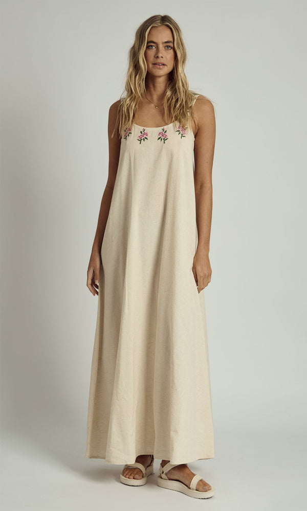 native youth NIA EMBROIDERED EDGE LINEN MAXI DRESS IN STONE