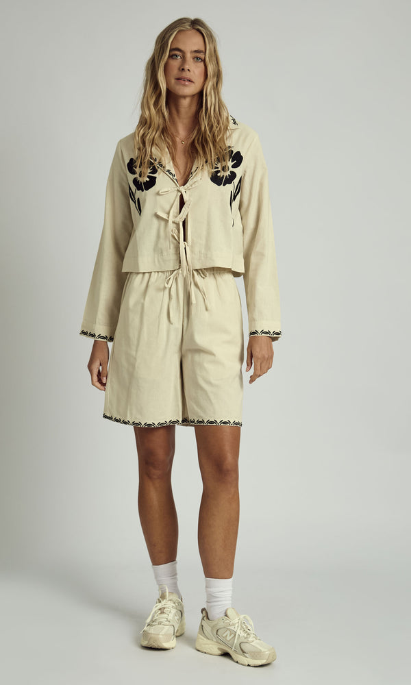 Native Youth OPAL EMBROIDERED EDGE LINEN SHORT CO-ORD IN STONE