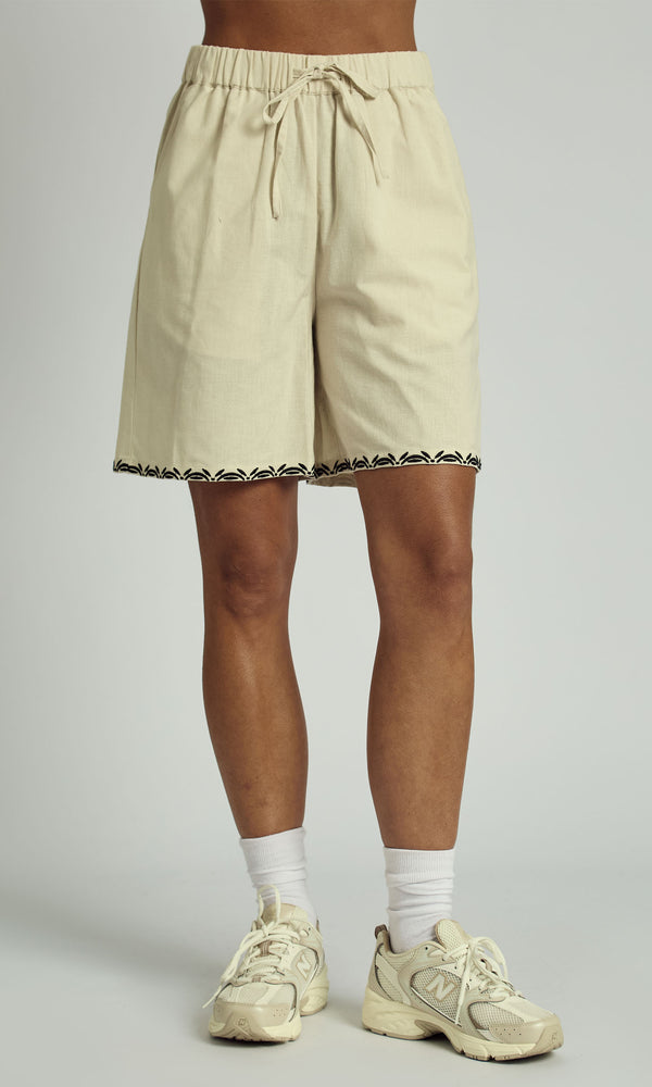 native youth OPAL EMBROIDERED EDGE LINEN SHORT CO-ORD IN STONE