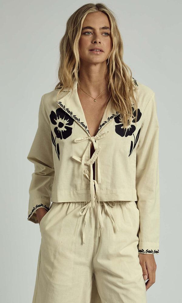 Native Youth OPAL EMBROIDERED TIE DETAIL SHIRT CO-ORD IN STONE