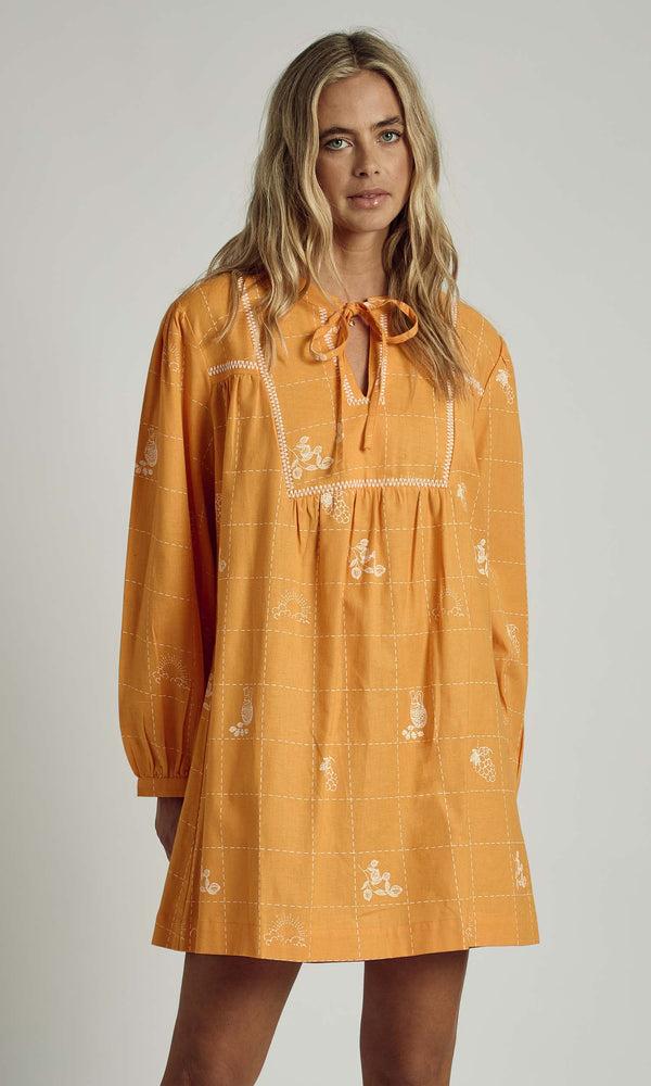 Native Youth PATCHWORK SOLSTITCHERY MINI SMOCK DRESS IN ORANGE