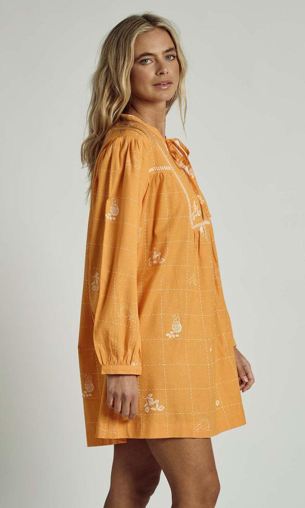 Native Youth PATCHWORK SOLSTITCHERY MINI SMOCK DRESS IN ORANGE