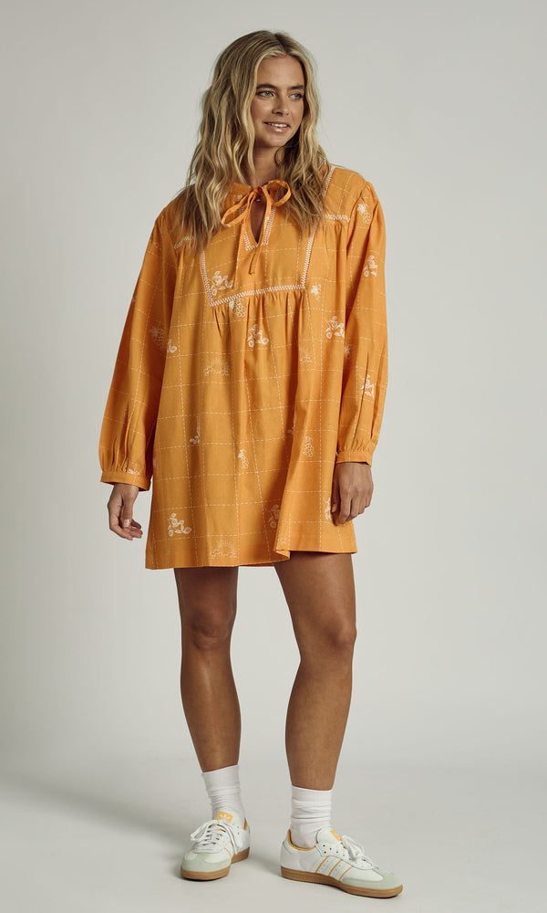 native youth PATCHWORK SOLSTITCHERY MINI SMOCK DRESS IN ORANGE