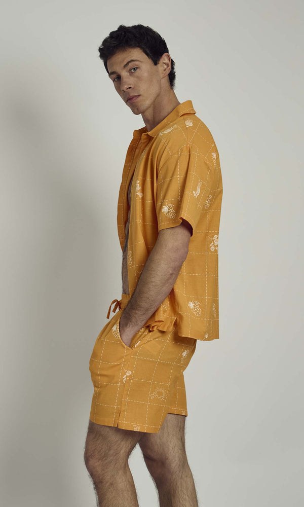 Native Youth PATCHWORK SOLSTITCHERY PATCHWORK STITCH DETAIL SHIRT IN ORANGE