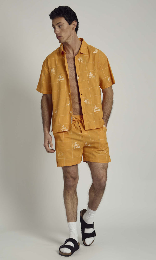 Native Youth PATCHWORK SOLSTITCHERY PATCHWORK STITCH DETAIL SHIRT IN ORANGE