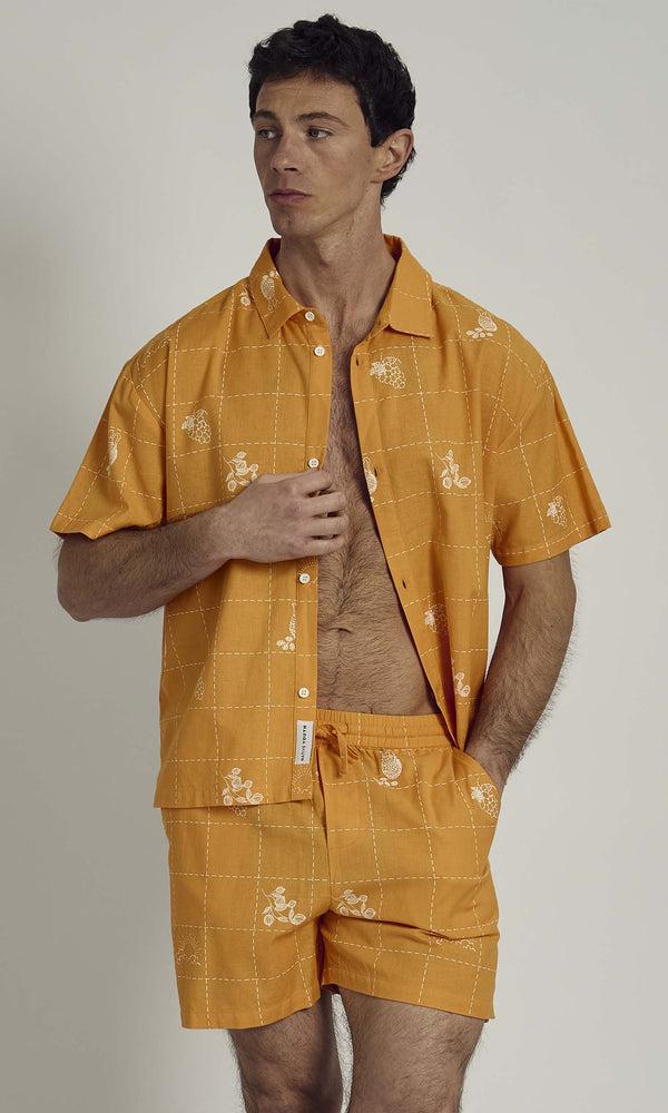 native youth PATCHWORK SOLSTITCHERY PATCHWORK STITCH DETAIL SHIRT IN ORANGE