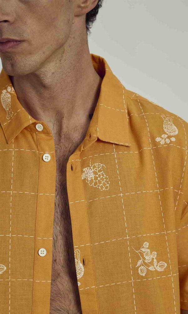 Native Youth PATCHWORK SOLSTITCHERY PATCHWORK STITCH DETAIL SHIRT IN ORANGE