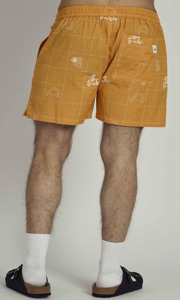 Native Youth PATCHWORK SOLSTITCHERY PATCHWORK STITCH DETAIL SHORTS IN ORANGE