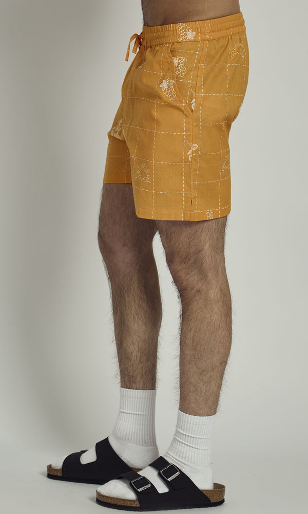 Native Youth PATCHWORK SOLSTITCHERY PATCHWORK STITCH DETAIL SHORTS IN ORANGE