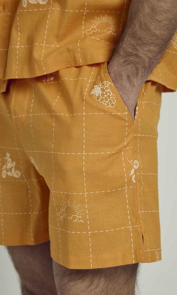 Native Youth PATCHWORK SOLSTITCHERY PATCHWORK STITCH DETAIL SHORTS IN ORANGE