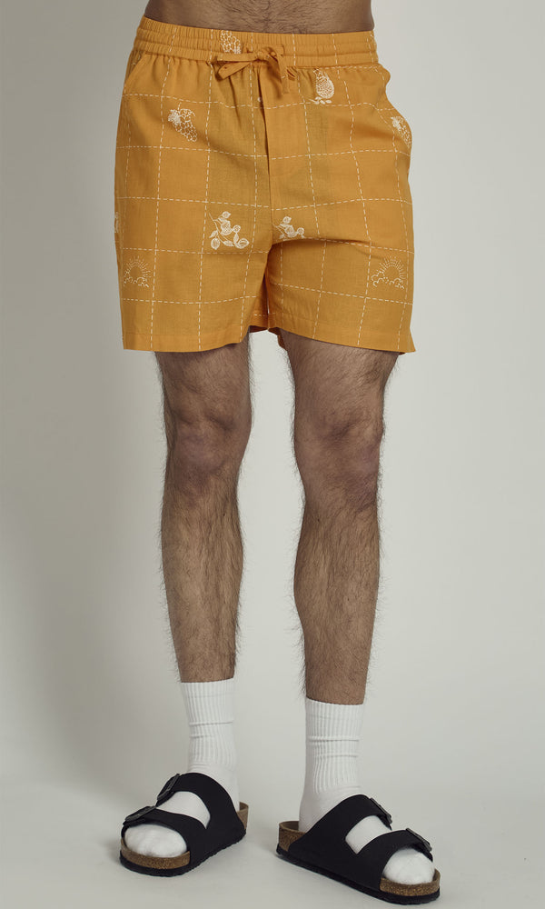 native youth PATCHWORK SOLSTITCHERY PATCHWORK STITCH DETAIL SHORTS IN ORANGE