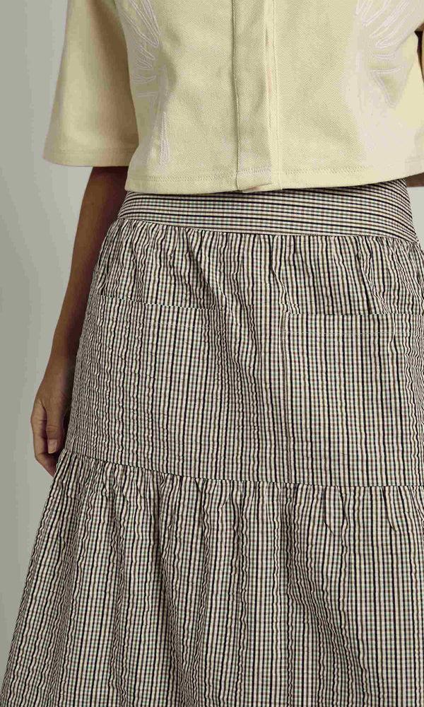 Native Youth PEYTON MIDI CHECK TIERED SKIRT WITH FRONT POCKETS