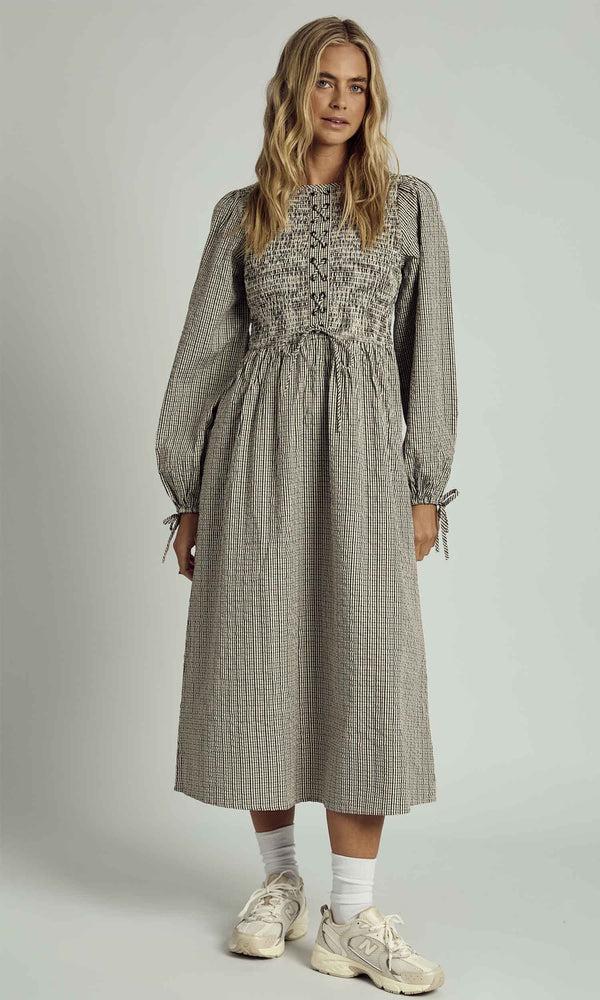 Native Youth PEYTON SHIRRED LACE UP CHECK MIDI DRESS