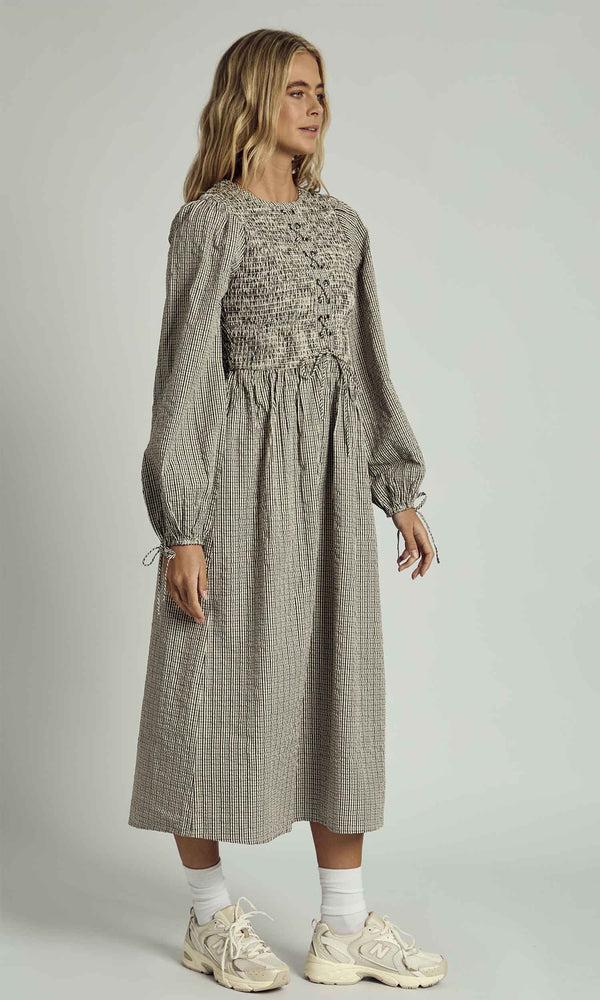 Native Youth PEYTON SHIRRED LACE UP CHECK MIDI DRESS