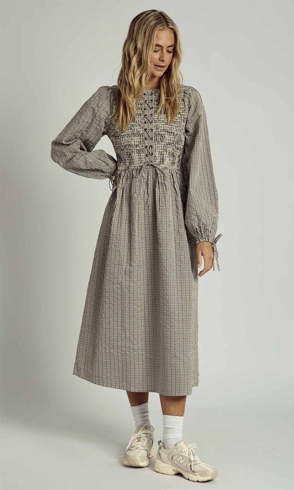 Native Youth PEYTON SHIRRED LACE UP CHECK MIDI DRESS