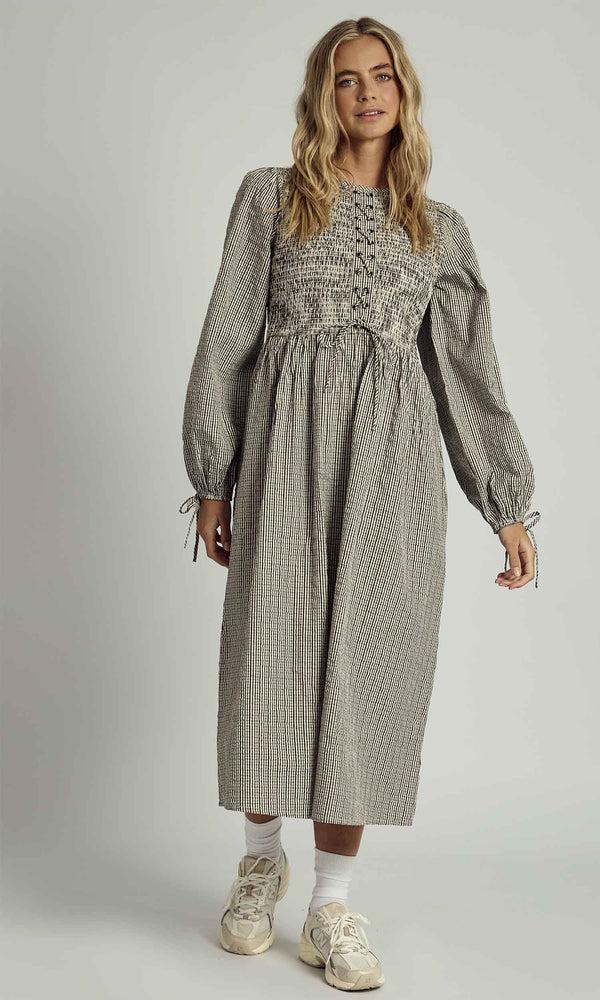 native youth PEYTON SHIRRED LACE UP CHECK MIDI DRESS