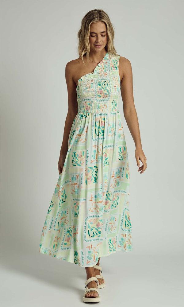 Native Youth REINA SHIRRED ONE SHOULDER MIDAXI DRESS IN MULTI