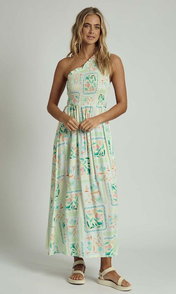 native youth REINA SHIRRED ONE SHOULDER MIDAXI DRESS IN MULTI