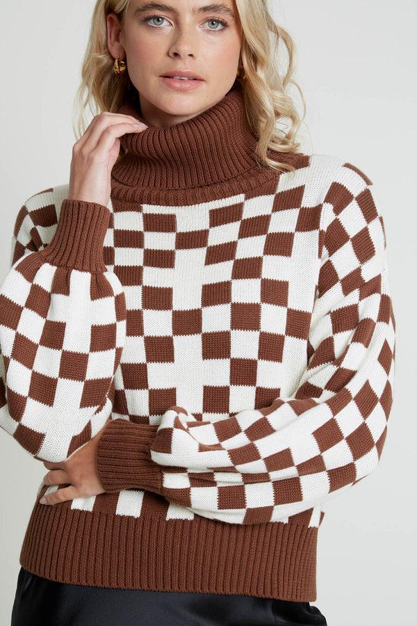 Native Youth ROCIO OVERSIZED KNITTED ROLL NECK JUMPER IN CHECKERBOARD