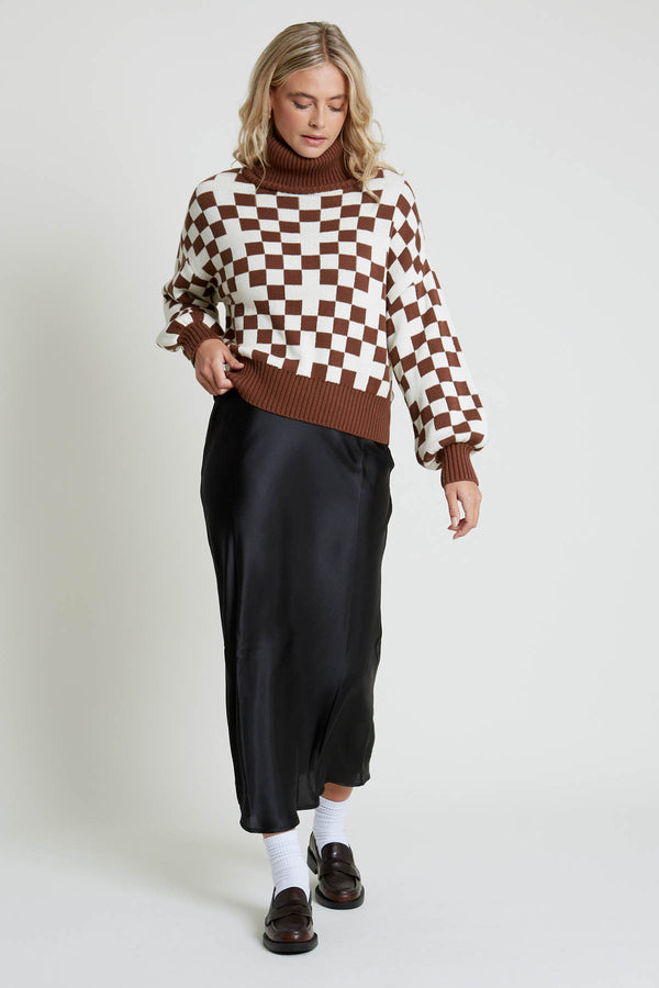 Native Youth ROCIO OVERSIZED KNITTED ROLL NECK JUMPER IN CHECKERBOARD
