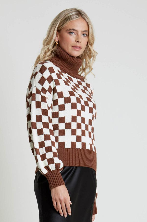 Native Youth ROCIO OVERSIZED KNITTED ROLL NECK JUMPER IN CHECKERBOARD