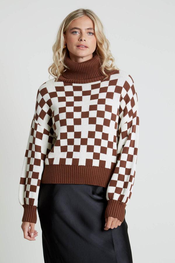 native youth ROCIO OVERSIZED KNITTED ROLL NECK JUMPER IN CHECKERBOARD