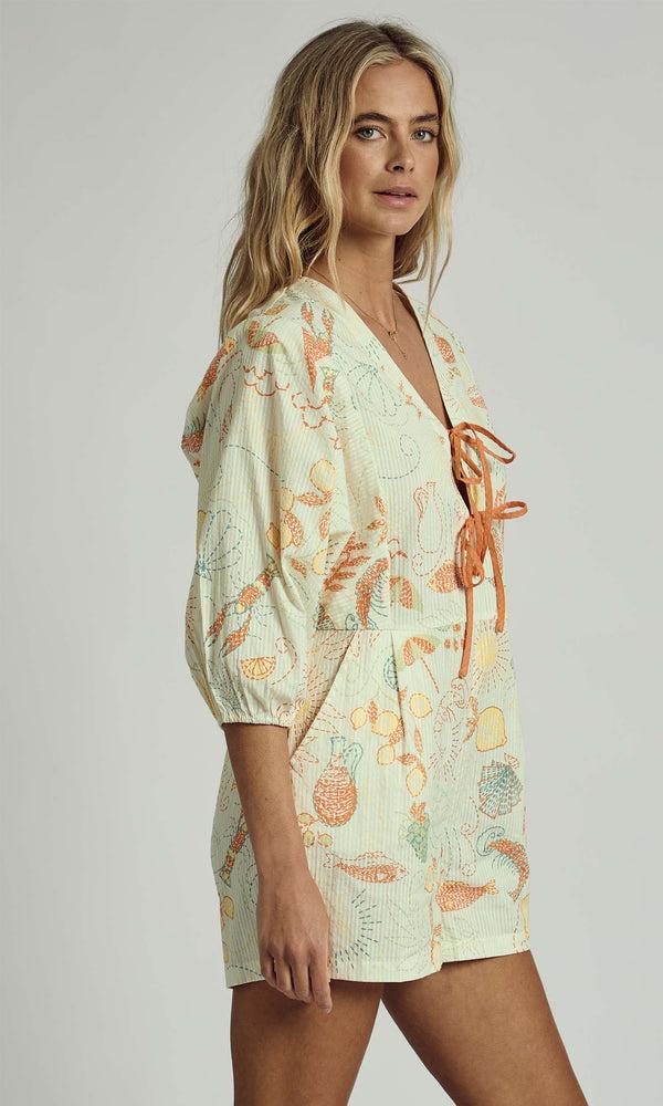 Native Youth SOLSTITCHERY BEACH PRINT TIE-DETAIL ROMPER PLAYSUIT IN MULTI