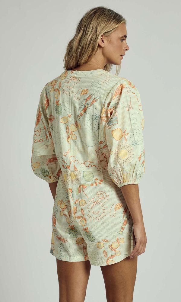 Native Youth SOLSTITCHERY BEACH PRINT TIE-DETAIL ROMPER PLAYSUIT IN MULTI