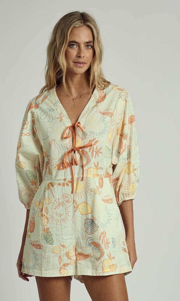 Native Youth SOLSTITCHERY BEACH PRINT TIE-DETAIL ROMPER PLAYSUIT IN MULTI