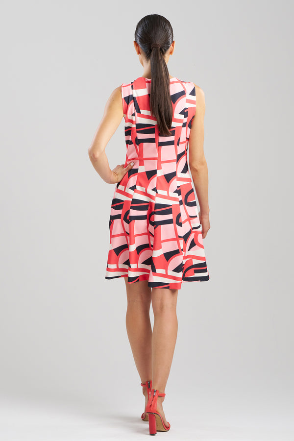 Natori Abstract Lines Sleeveless Pleated Dress Cayenne