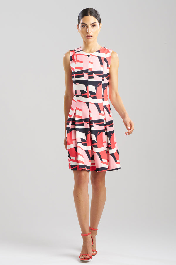 natori Abstract Lines Sleeveless Pleated Dress Cayenne